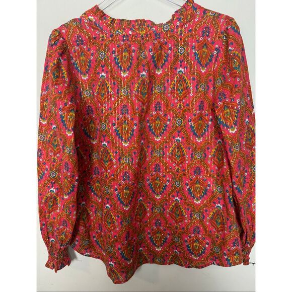 Talbots Ruffle Neck Boho Metallic Floral Lattice Peasant Blouse Size L Long Slee - Picture 4 of 5